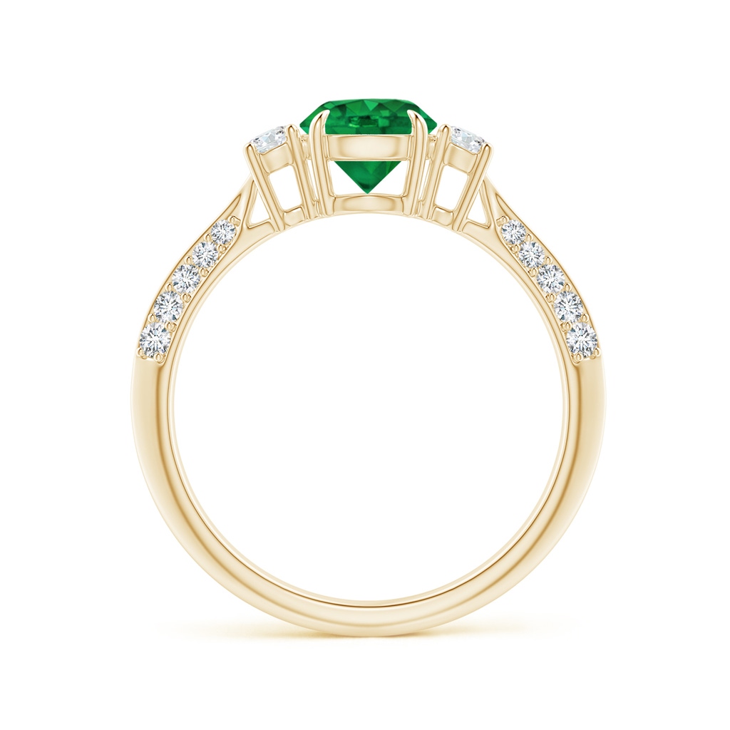 6mm Lab-Grown Three Stone Emerald and Diamond Knife-Edge Shank Ring in Yellow Gold - side 1