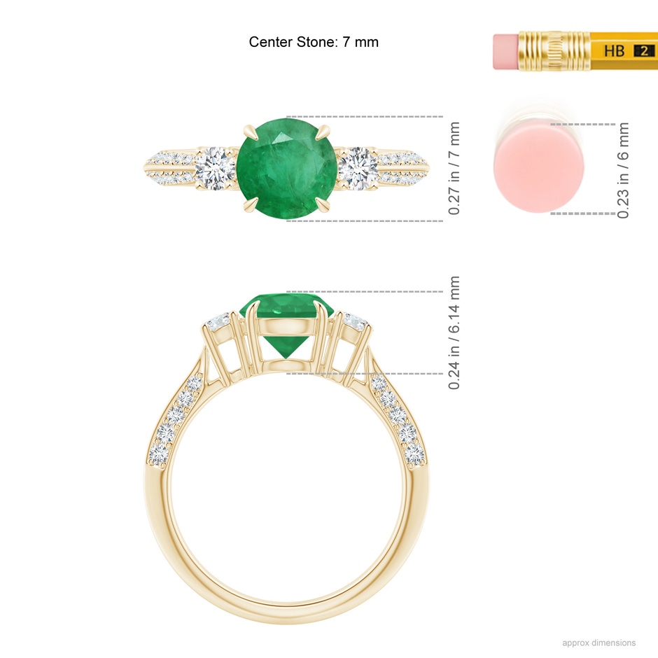 7mm A Three Stone Emerald and Diamond Knife-Edge Shank Ring in Yellow Gold ruler
