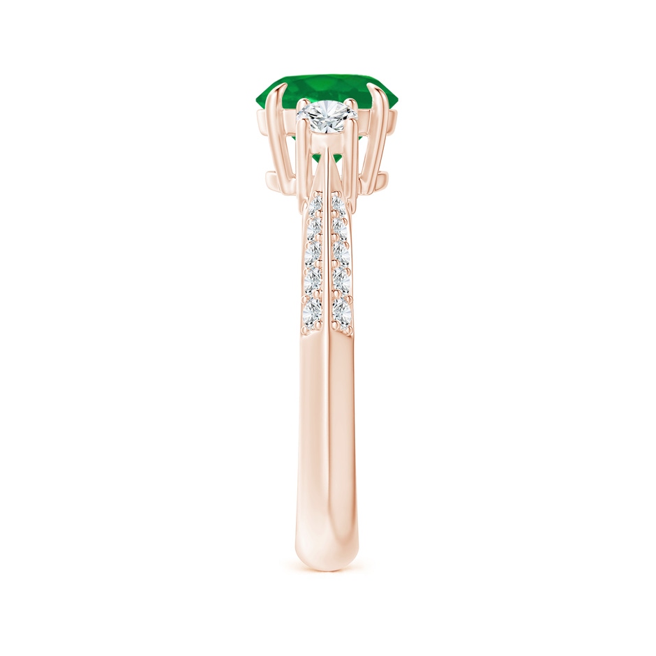 7mm AA Three Stone Emerald and Diamond Knife-Edge Shank Ring in Rose Gold side 2