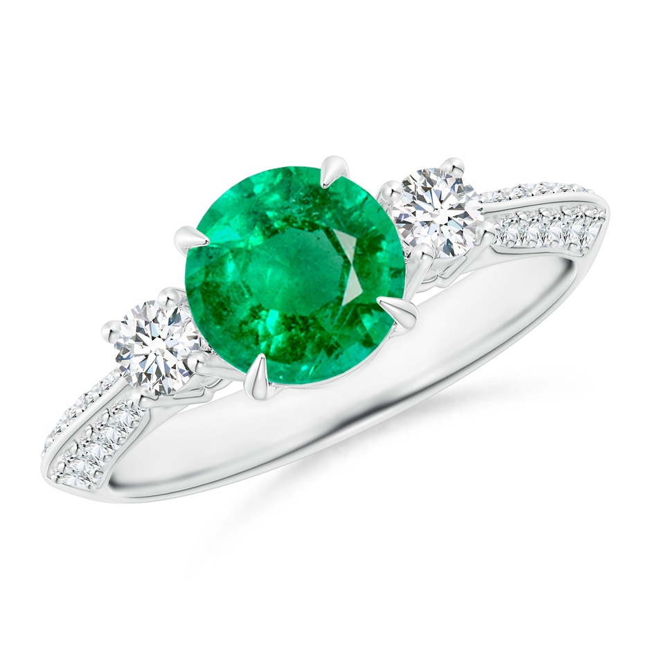 7mm AAA Three Stone Emerald and Diamond Knife-Edge Shank Ring in P950 Platinum 