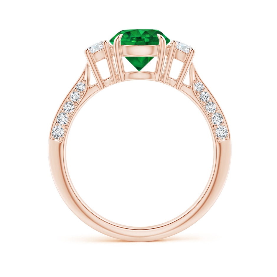 7mm AAA Three Stone Emerald and Diamond Knife-Edge Shank Ring in Rose Gold side 1