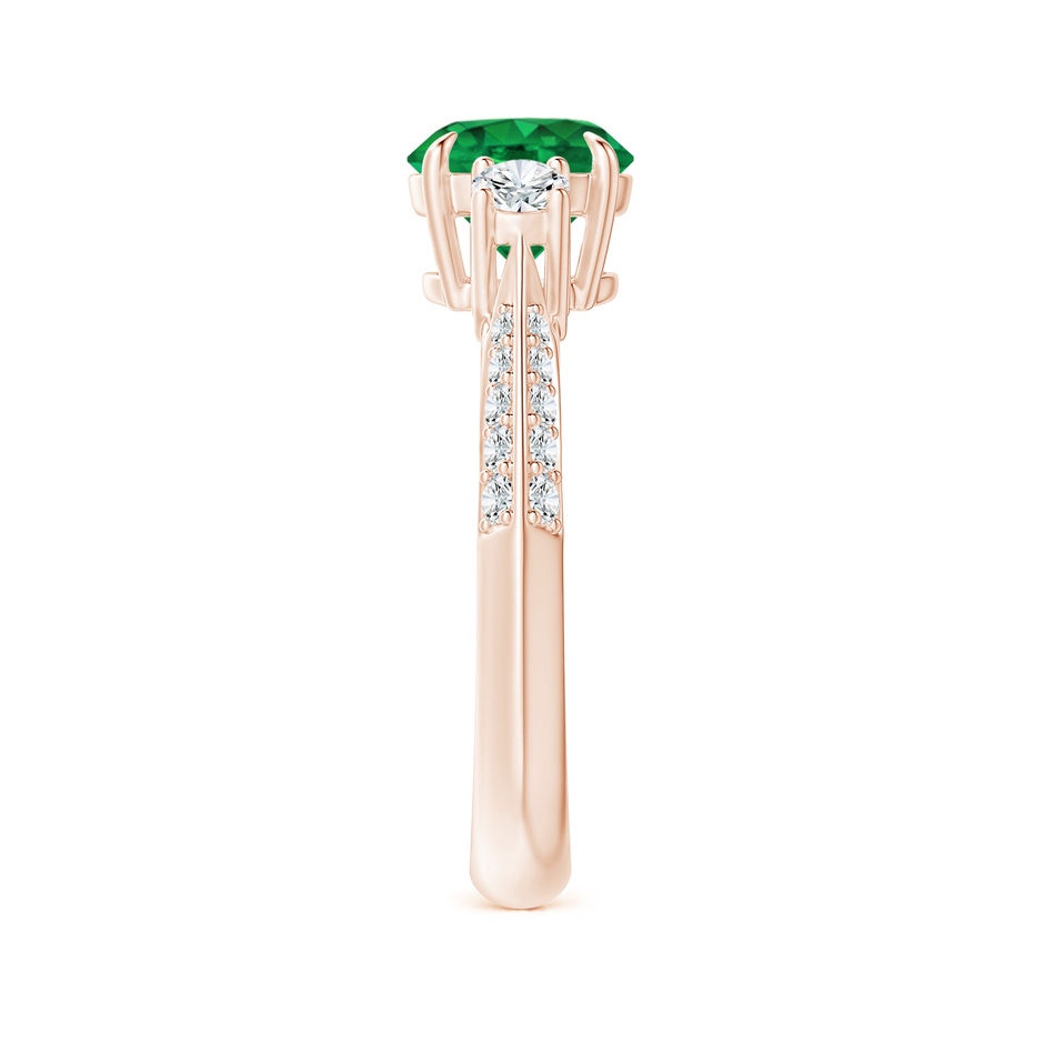 7mm AAA Three Stone Emerald and Diamond Knife-Edge Shank Ring in Rose Gold side 2
