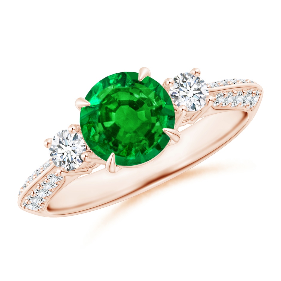 7mm AAAA Three Stone Emerald and Diamond Knife-Edge Shank Ring in Rose Gold 