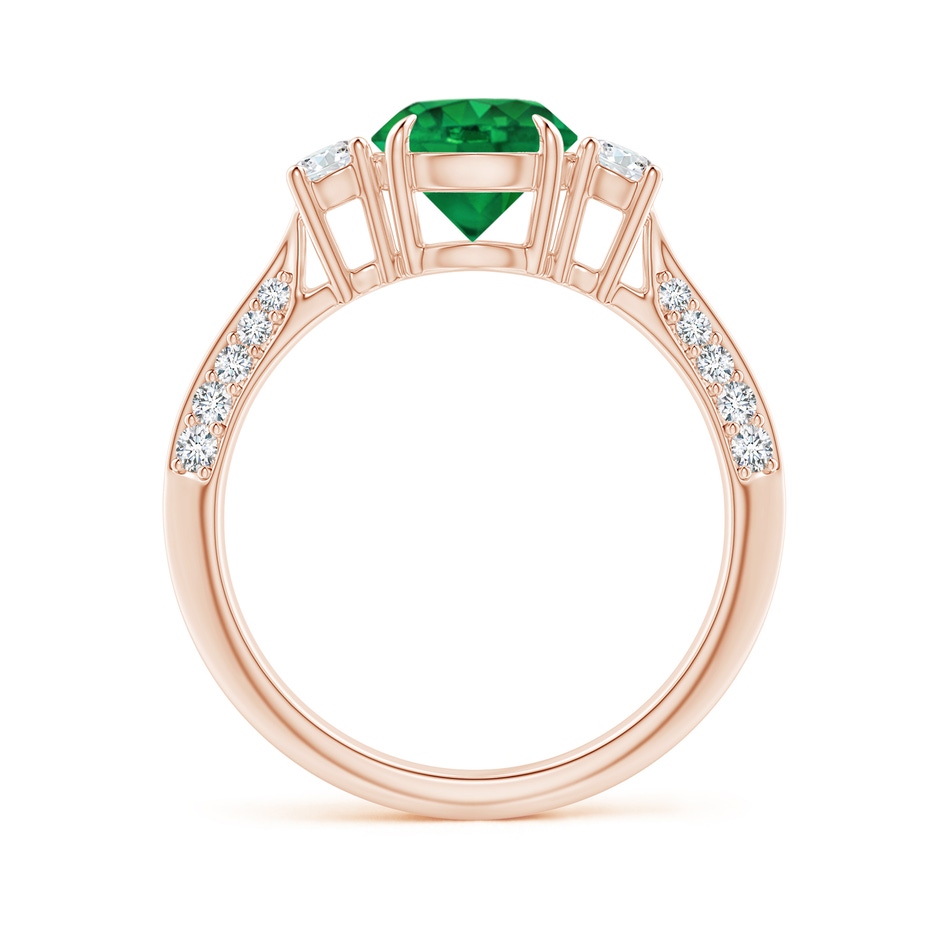 7mm AAAA Three Stone Emerald and Diamond Knife-Edge Shank Ring in Rose Gold side 1