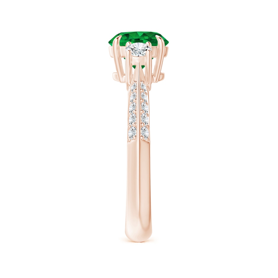 7mm AAAA Three Stone Emerald and Diamond Knife-Edge Shank Ring in Rose Gold side 2