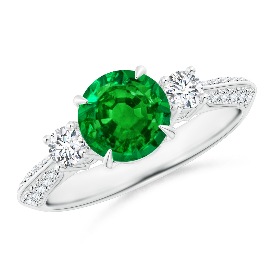 7mm Lab-Grown Three Stone Emerald and Diamond Knife-Edge Shank Ring in White Gold 
