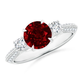 7mm AAAA Three Stone Ruby and Diamond Knife-Edge Shank Ring in P950 Platinum