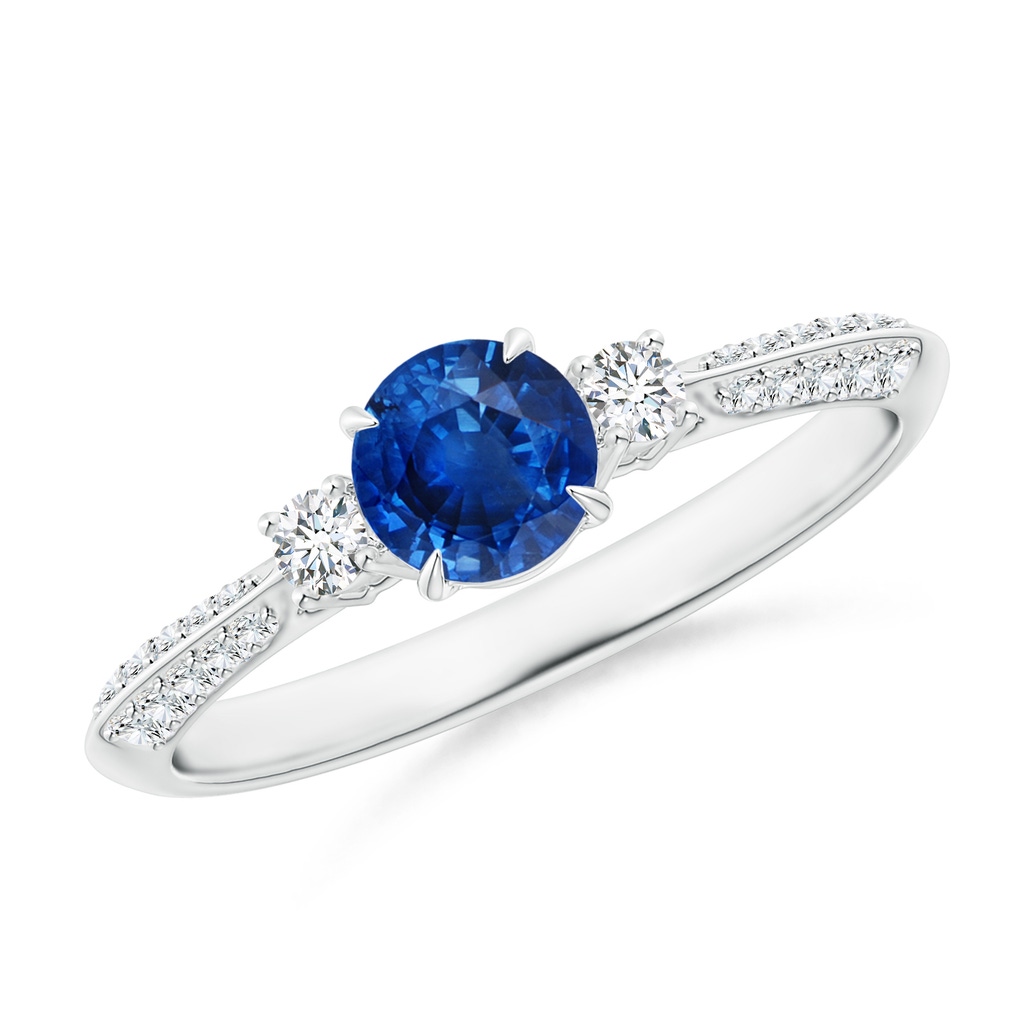 5mm AAA Three Stone Sapphire and Diamond Knife-Edge Shank Ring in White Gold