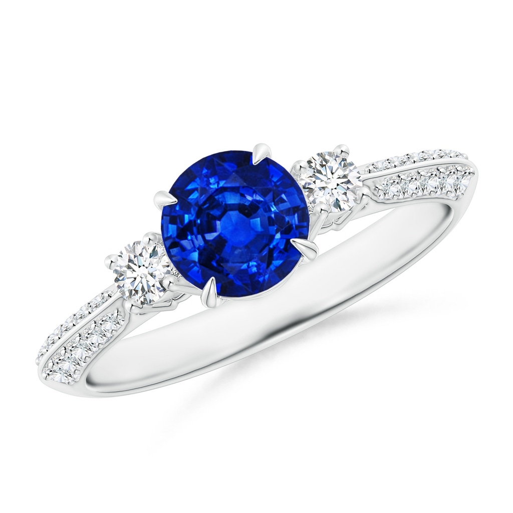 6mm Lab-Grown Three Stone Sapphire and Diamond Knife-Edge Shank Ring in White Gold