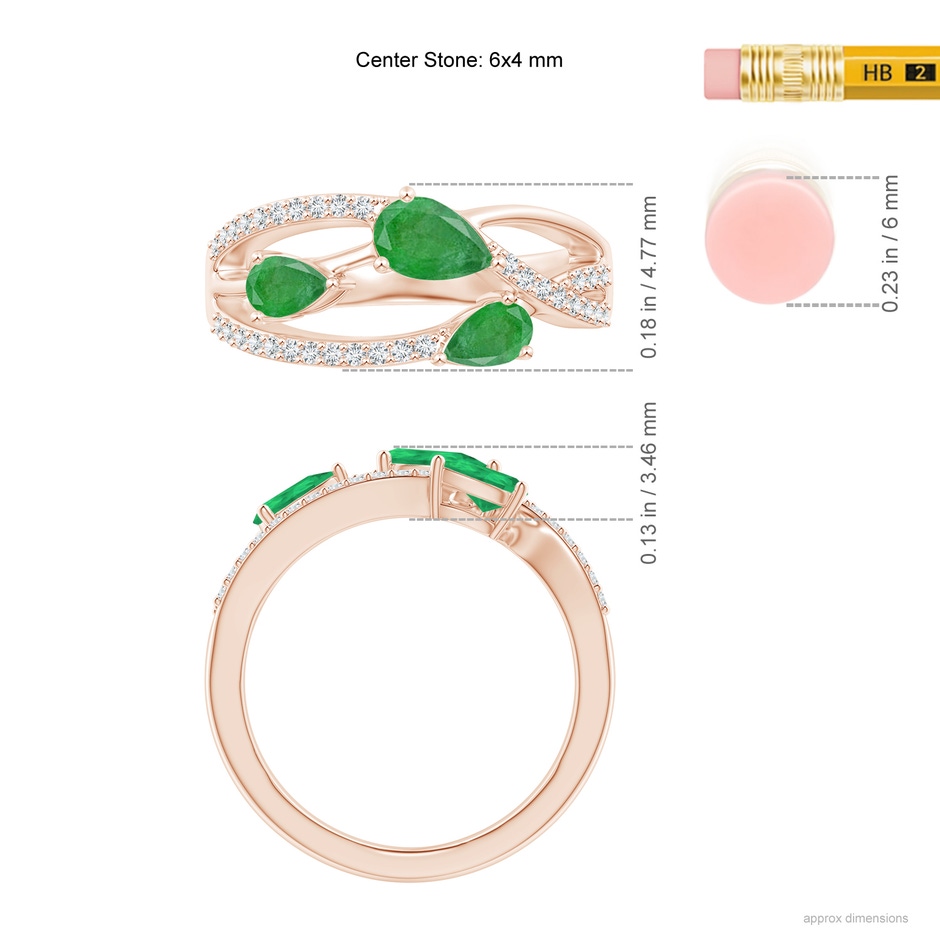 6x4mm A Three-Stone Pear Emerald Criss-Cross Ring in Rose Gold ruler