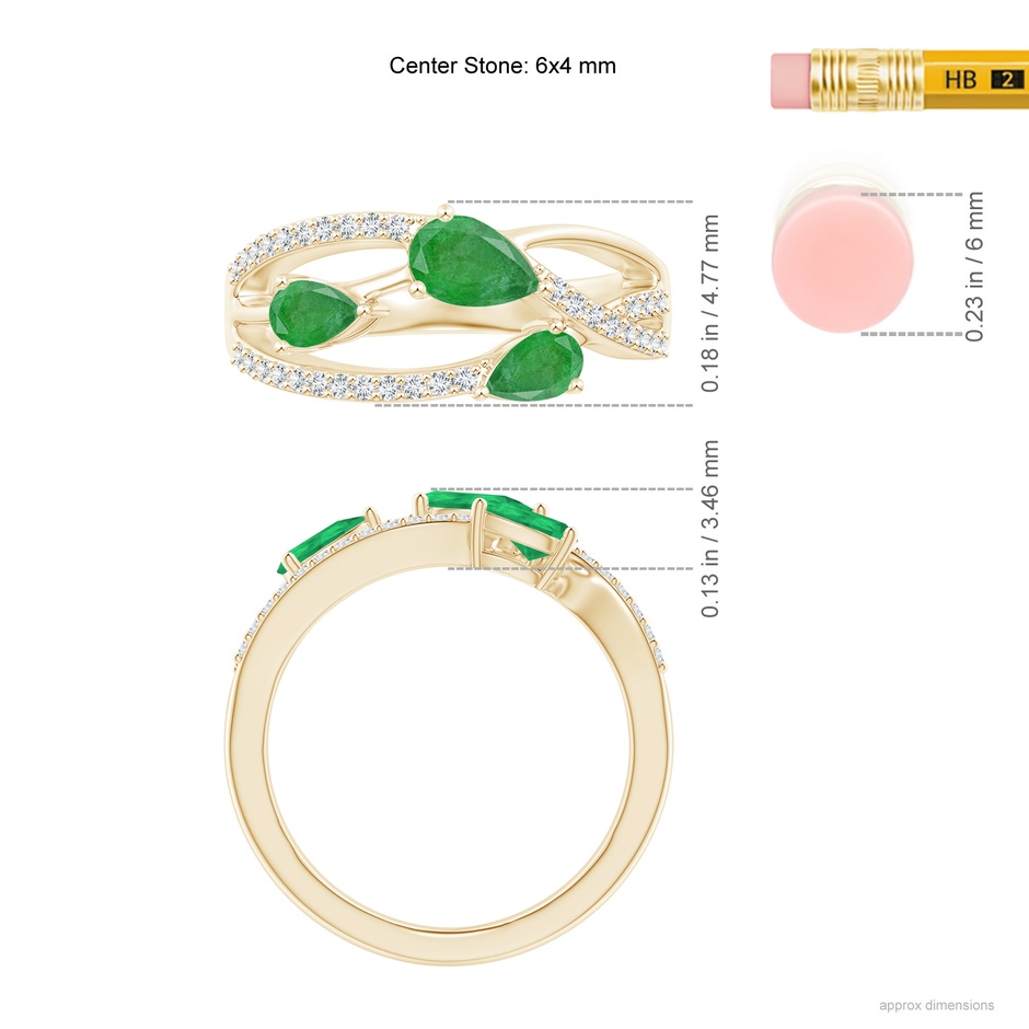 6x4mm A Three-Stone Pear Emerald Criss-Cross Ring in Yellow Gold ruler