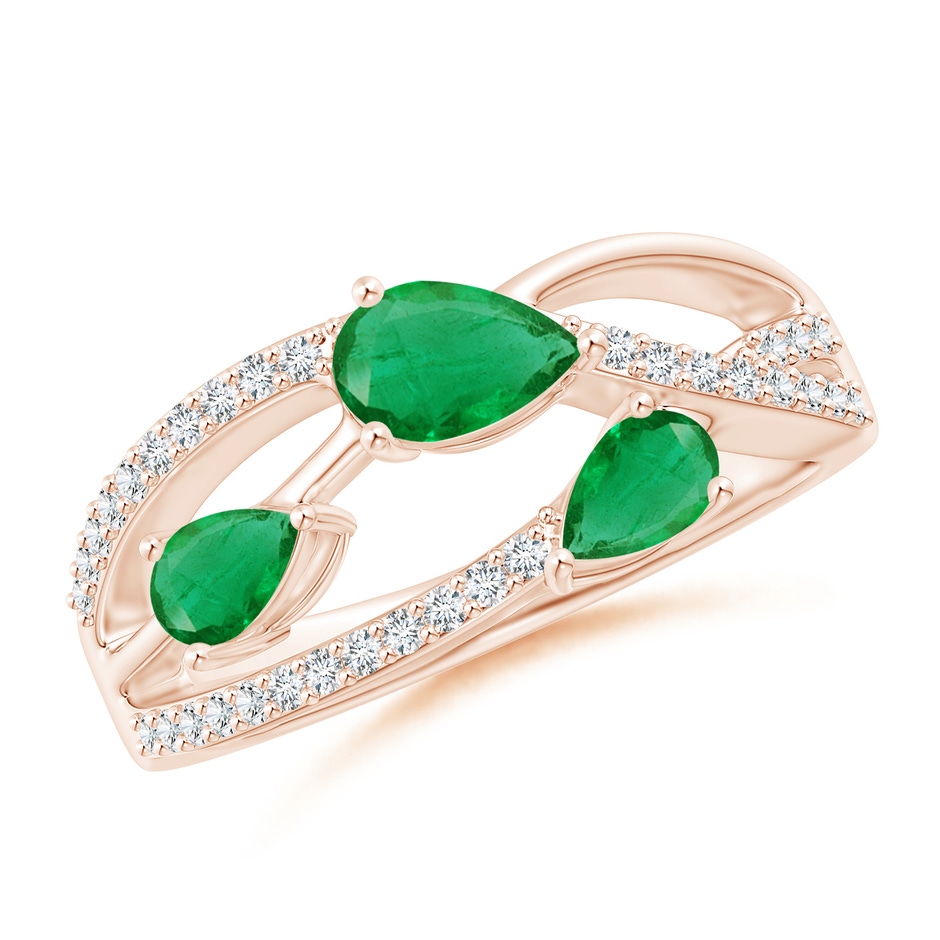 6x4mm AA Three-Stone Pear Emerald Criss-Cross Ring in Rose Gold 