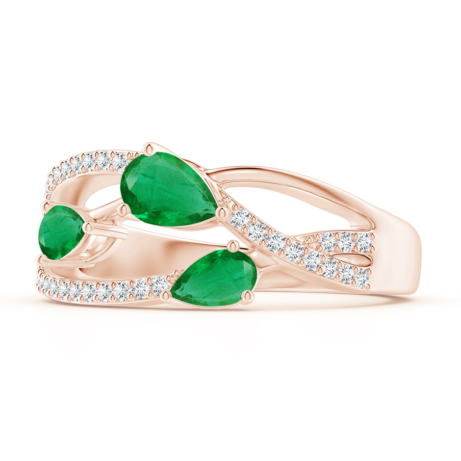 6x4mm AA Three-Stone Pear Emerald Criss-Cross Ring in Rose Gold side 2