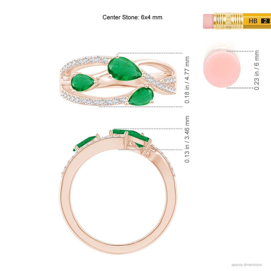 6x4mm AA Three-Stone Pear Emerald Criss-Cross Ring in Rose Gold ruler