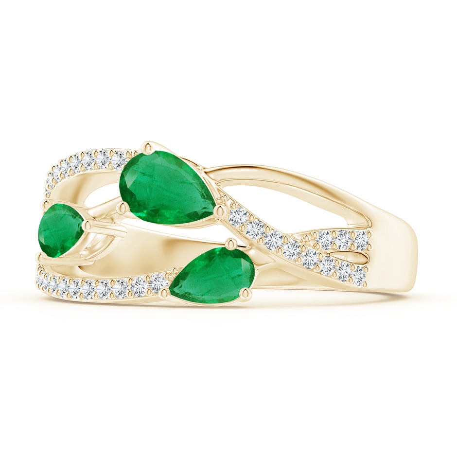 6x4mm AA Three-Stone Pear Emerald Criss-Cross Ring in Yellow Gold side 2