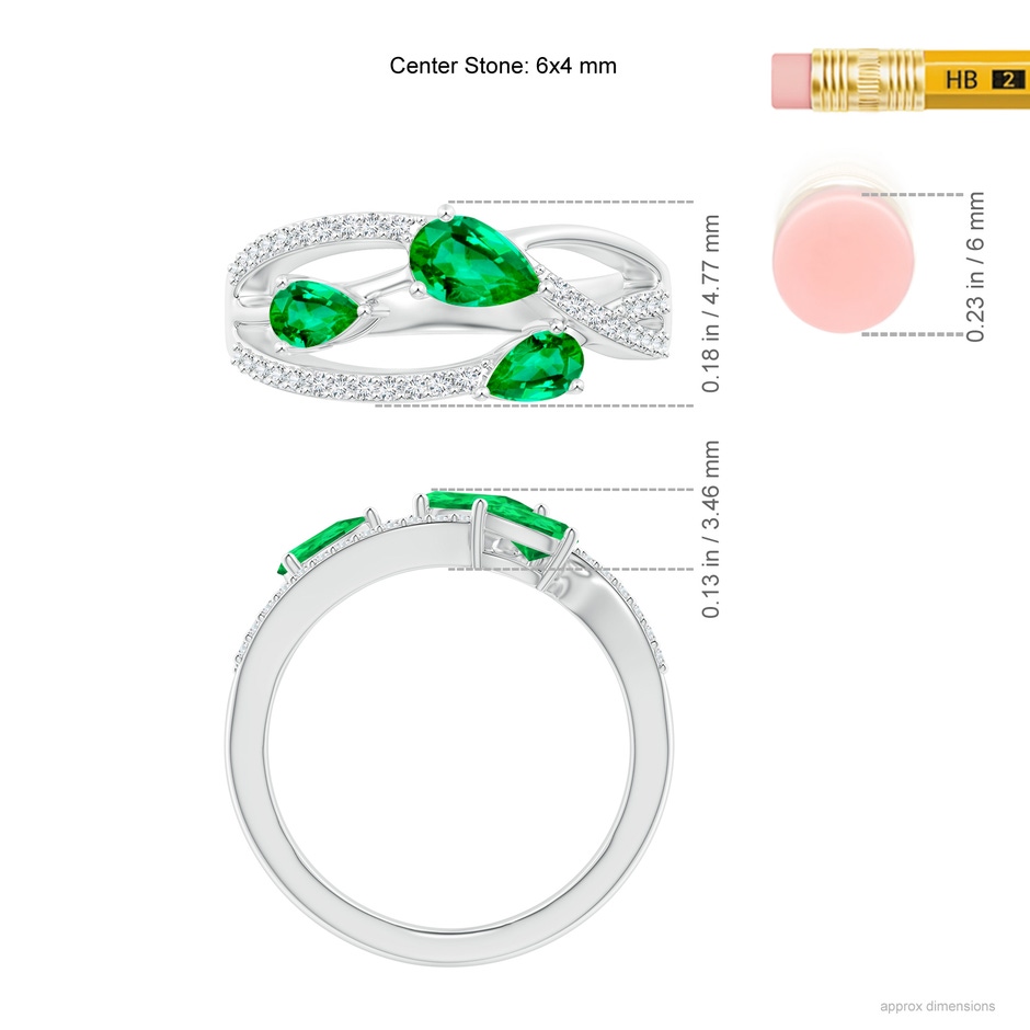 6x4mm AAA Three-Stone Pear Emerald Criss-Cross Ring in White Gold ruler