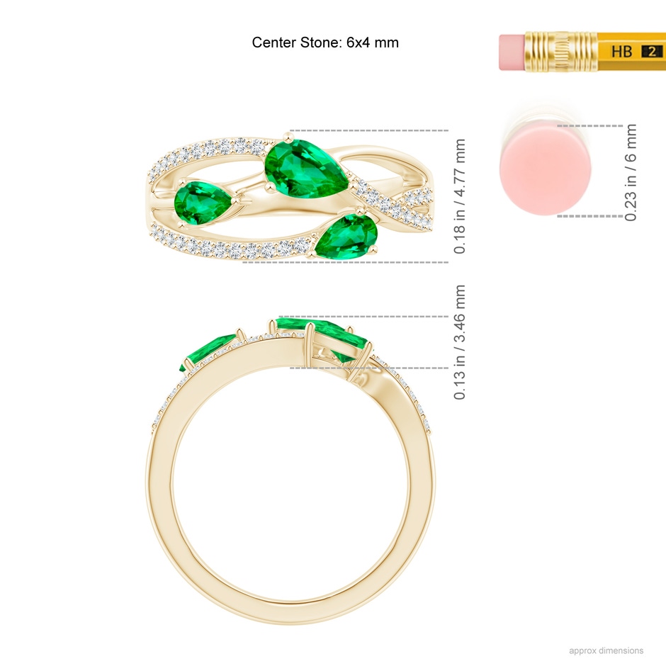 6x4mm AAA Three-Stone Pear Emerald Criss-Cross Ring in Yellow Gold ruler