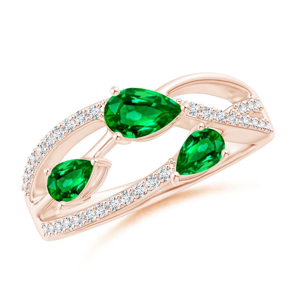 6x4mm AAAA Three-Stone Pear Emerald Criss-Cross Ring in Rose Gold