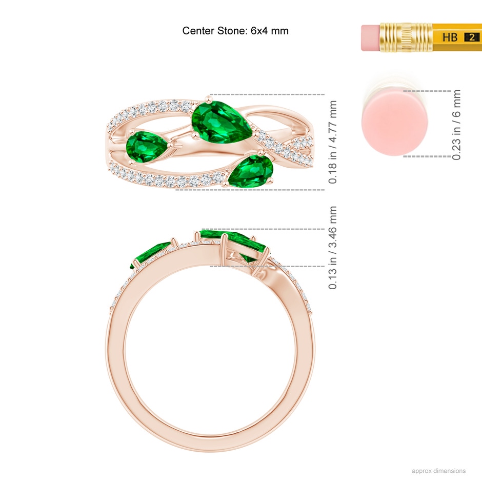 6x4mm AAAA Three-Stone Pear Emerald Criss-Cross Ring in Rose Gold ruler