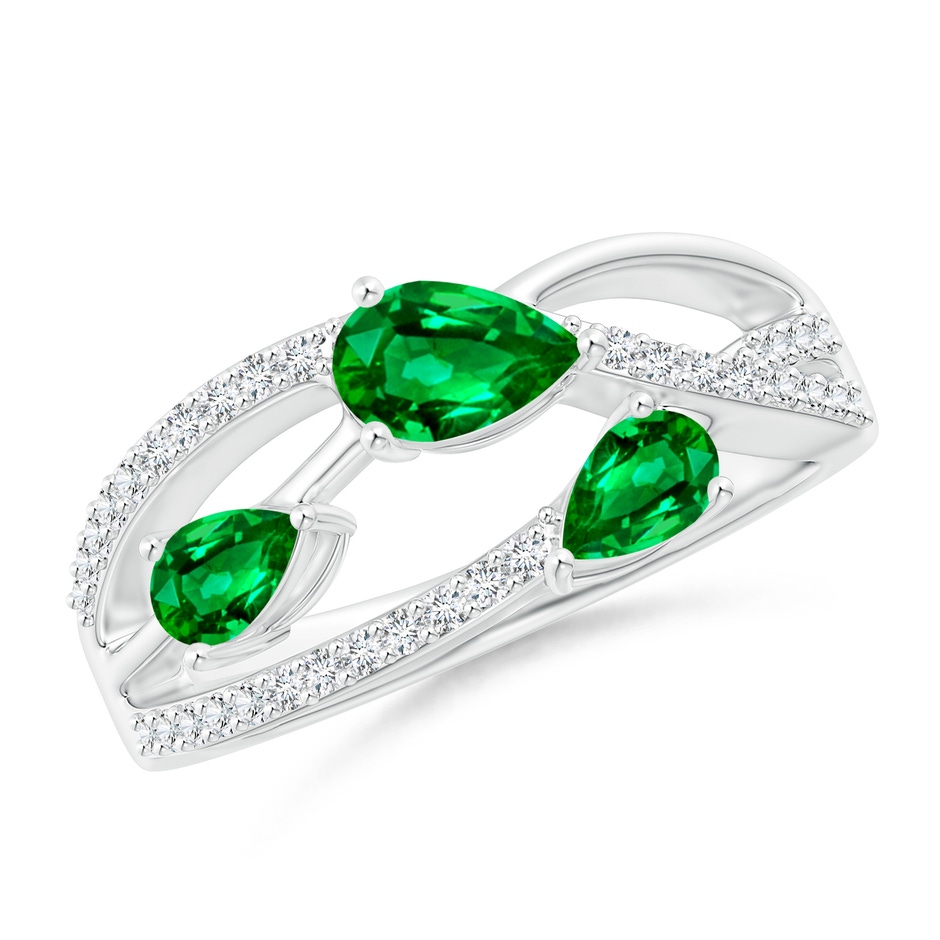 6x4mm AAAA Three-Stone Pear Emerald Criss-Cross Ring in White Gold 