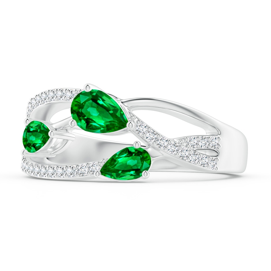 6x4mm AAAA Three-Stone Pear Emerald Criss-Cross Ring in White Gold side 2