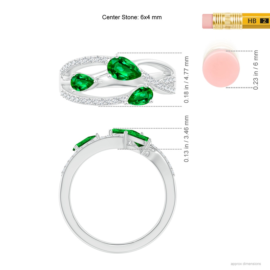 6x4mm AAAA Three-Stone Pear Emerald Criss-Cross Ring in White Gold ruler