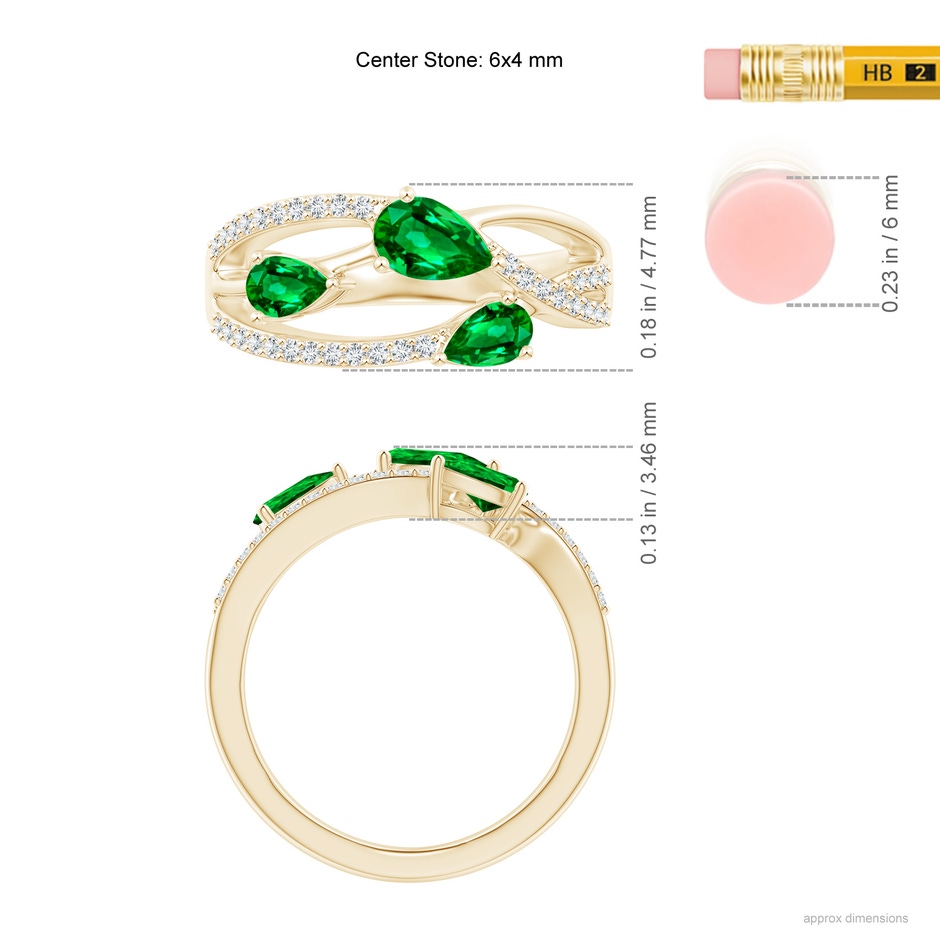 6x4mm AAAA Three-Stone Pear Emerald Criss-Cross Ring in Yellow Gold ruler