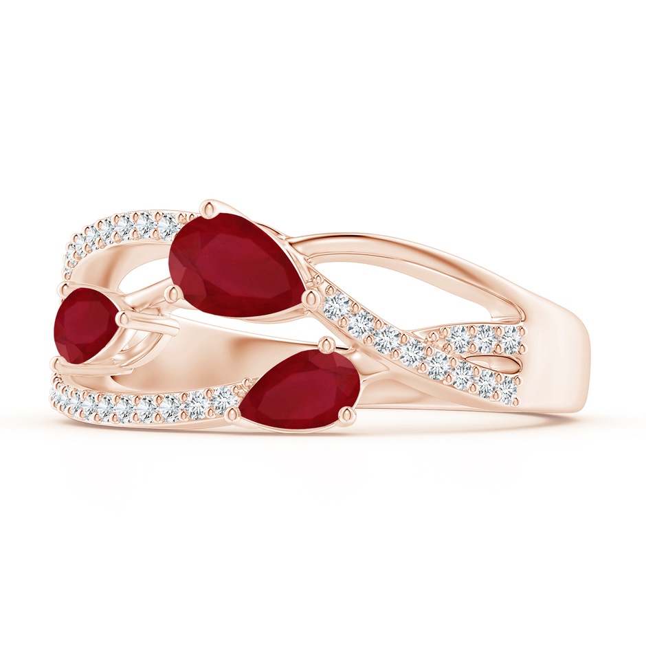 6x4mm AA Three-Stone Pear Ruby Criss-Cross Ring in Rose Gold side 2