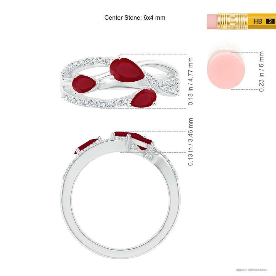 6x4mm AA Three-Stone Pear Ruby Criss-Cross Ring in White Gold ruler