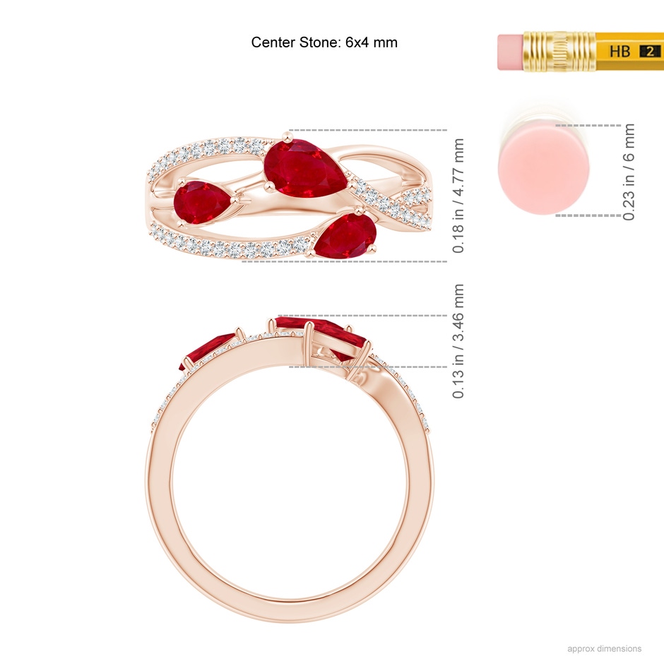 6x4mm AAA Three-Stone Pear Ruby Criss-Cross Ring in Rose Gold ruler
