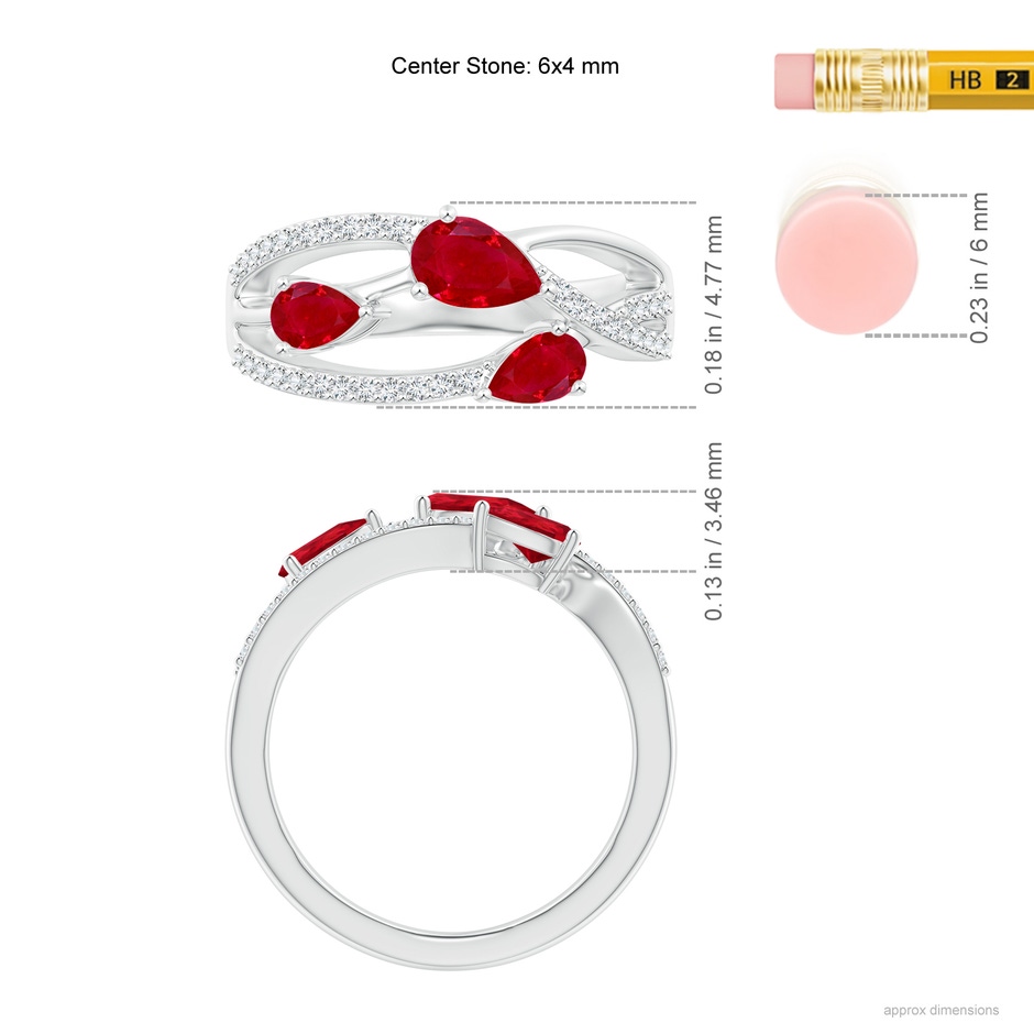 6x4mm AAA Three-Stone Pear Ruby Criss-Cross Ring in White Gold ruler