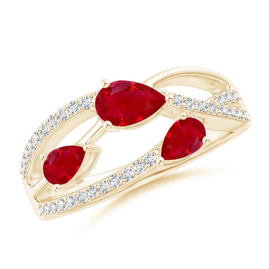 6x4mm AAA Three-Stone Pear Ruby Criss-Cross Ring in Yellow Gold 