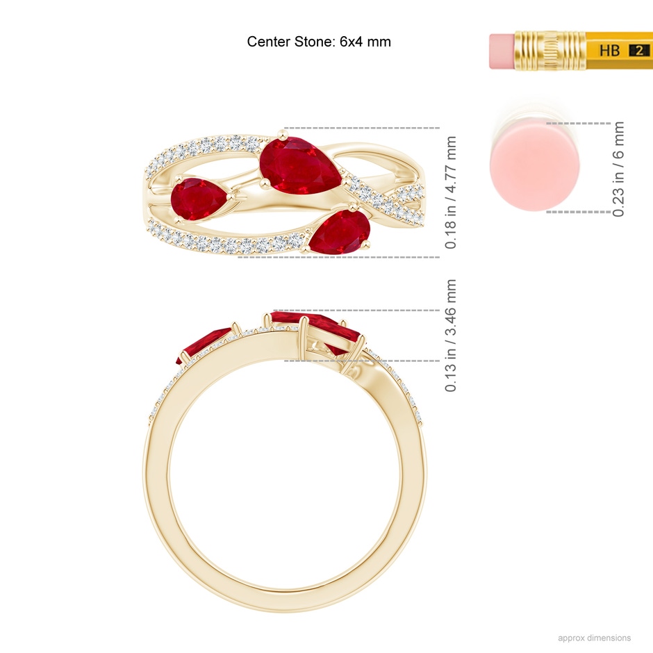 6x4mm AAA Three-Stone Pear Ruby Criss-Cross Ring in Yellow Gold ruler