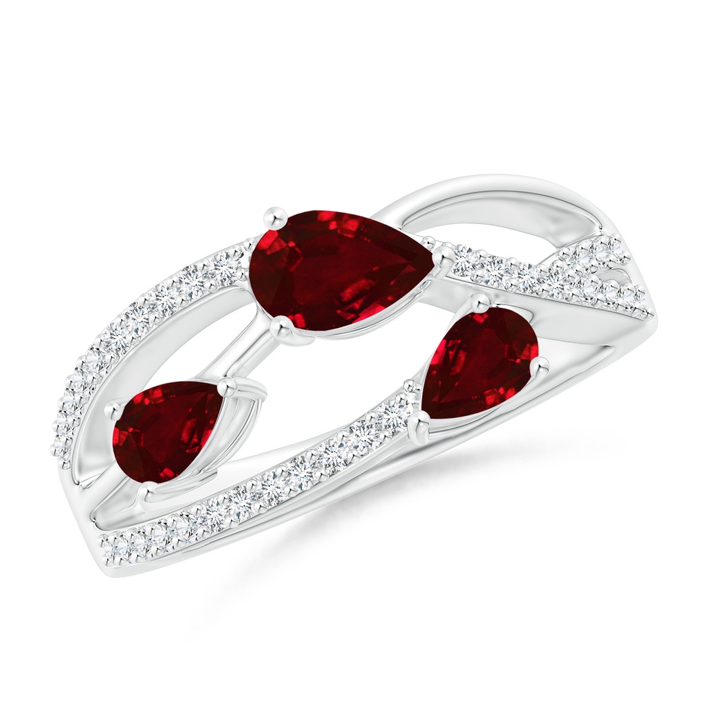 6x4mm AAAA Three-Stone Pear Ruby Criss-Cross Ring in P950 Platinum