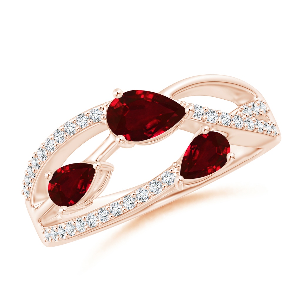 6x4mm AAAA Three-Stone Pear Ruby Criss-Cross Ring in Rose Gold