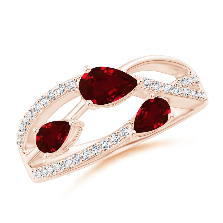 6x4mm AAAA Three-Stone Pear Ruby Criss-Cross Ring in Rose Gold 