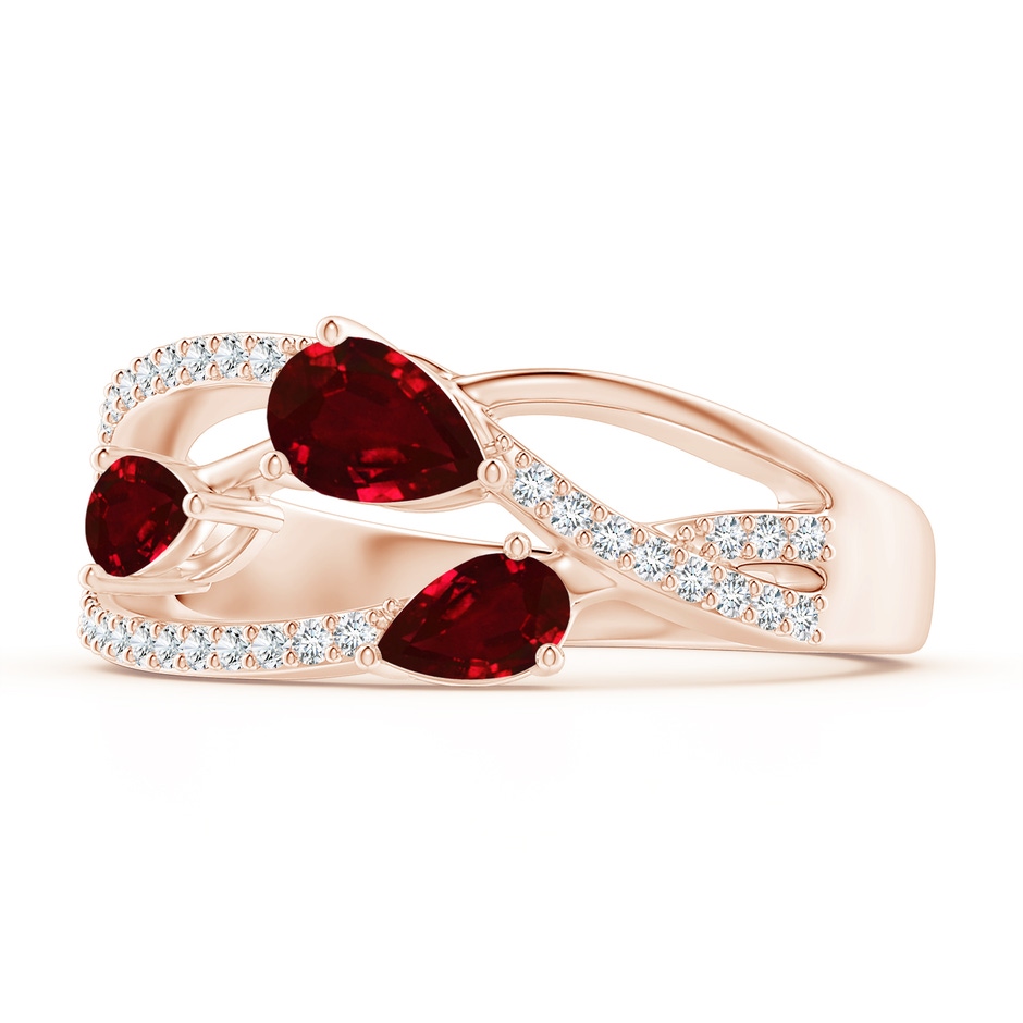 6x4mm AAAA Three-Stone Pear Ruby Criss-Cross Ring in Rose Gold side 2