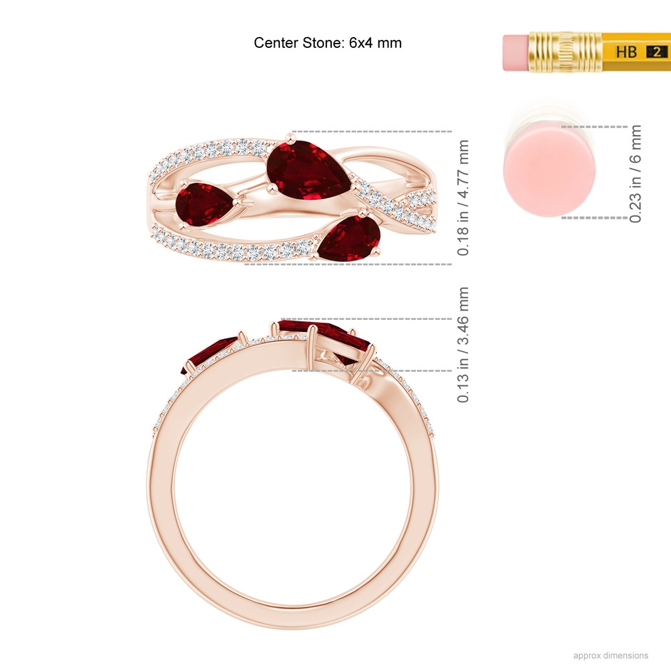 6x4mm AAAA Three-Stone Pear Ruby Criss-Cross Ring in Rose Gold ruler