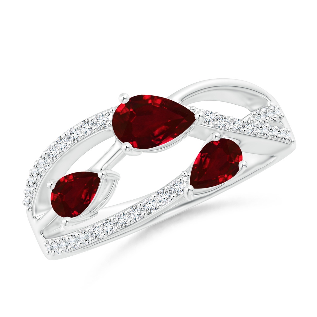 6x4mm AAAA Three-Stone Pear Ruby Criss-Cross Ring in White Gold