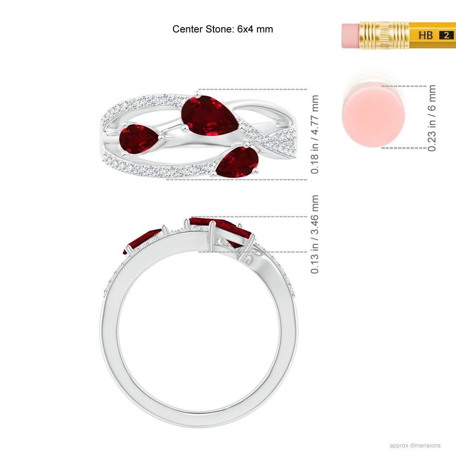 6x4mm AAAA Three-Stone Pear Ruby Criss-Cross Ring in White Gold ruler