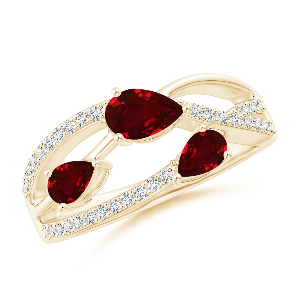 6x4mm AAAA Three-Stone Pear Ruby Criss-Cross Ring in Yellow Gold 