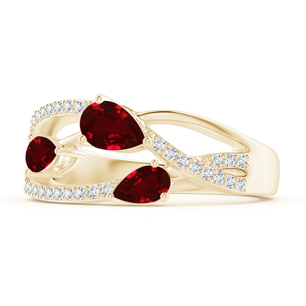 6x4mm AAAA Three-Stone Pear Ruby Criss-Cross Ring in Yellow Gold Side 2
