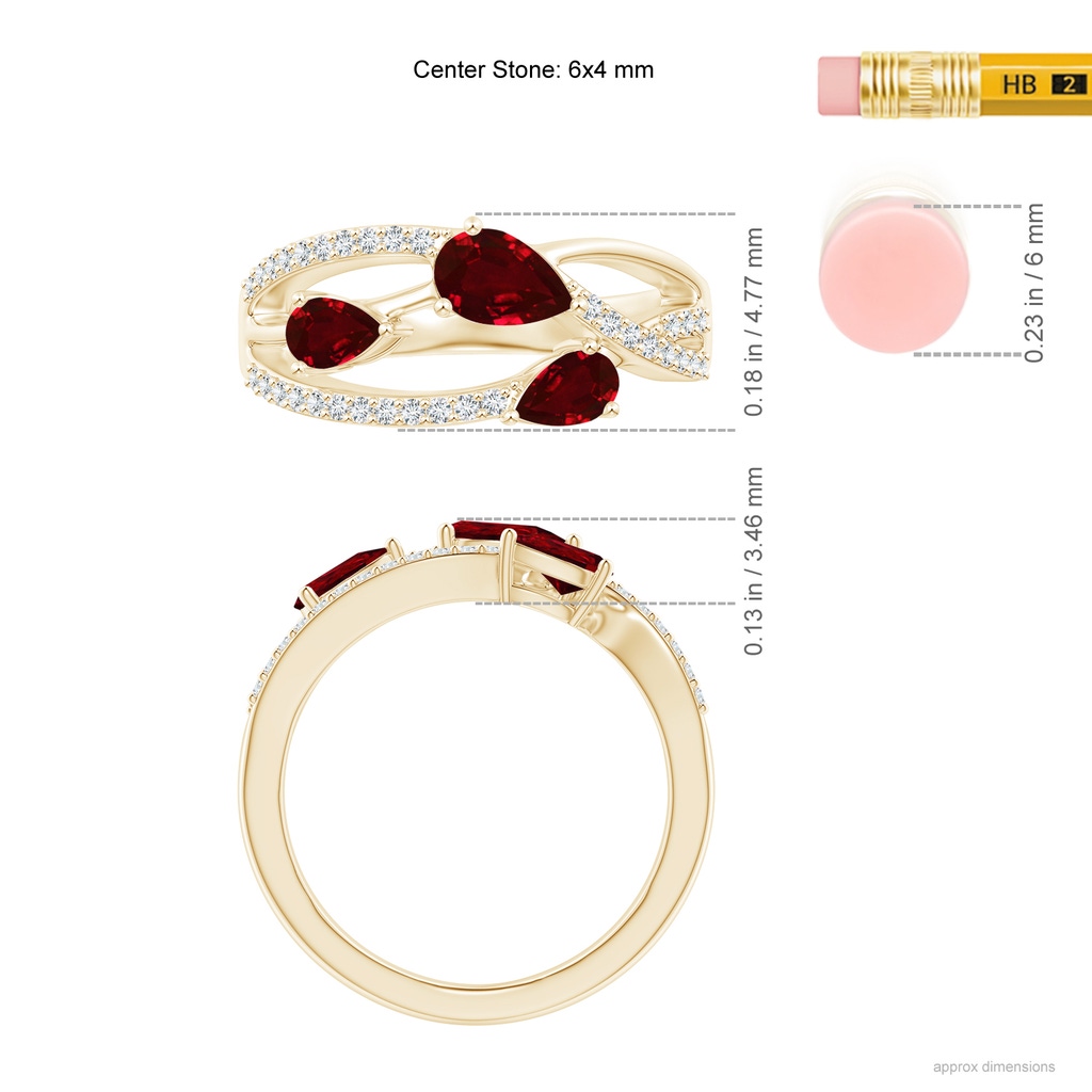 6x4mm AAAA Three-Stone Pear Ruby Criss-Cross Ring in Yellow Gold Ruler