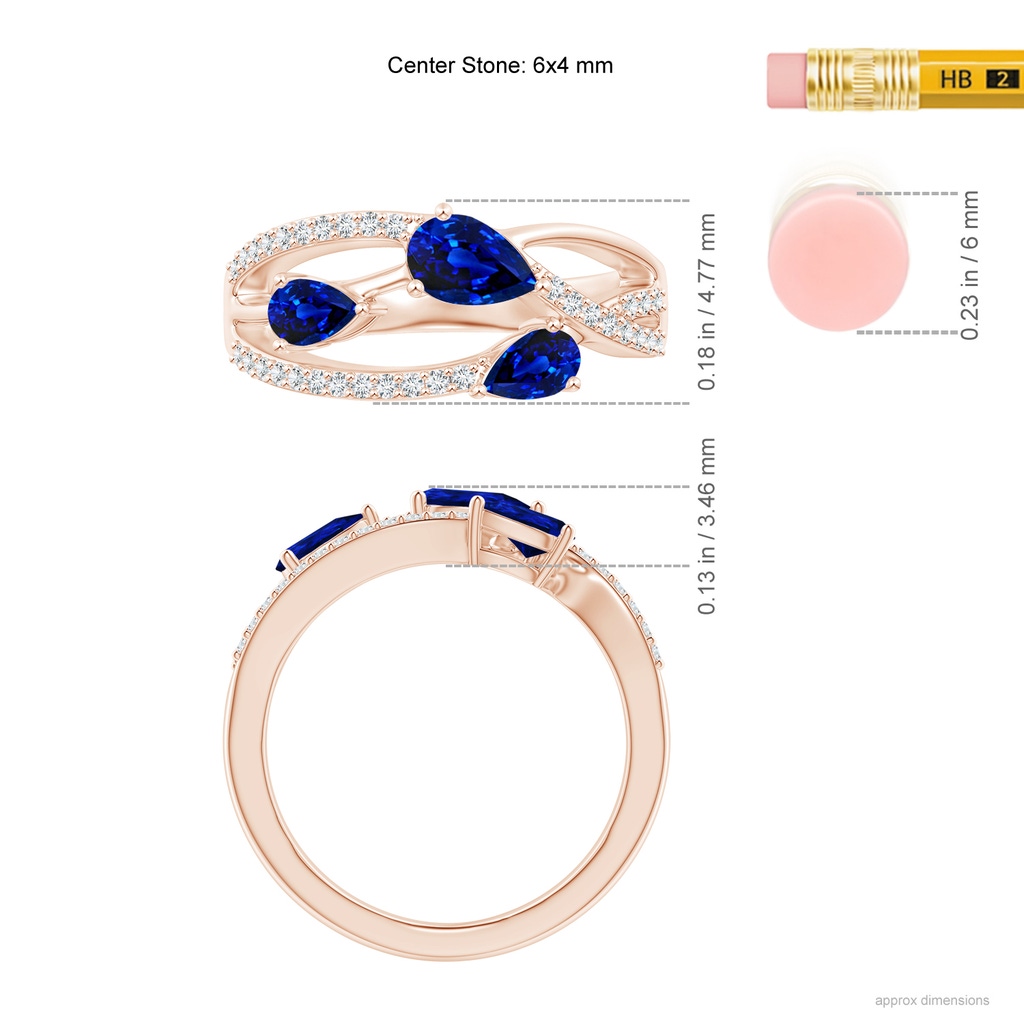 6x4mm AAAA Three-Stone Pear Sapphire Criss-Cross Ring in Rose Gold Ruler