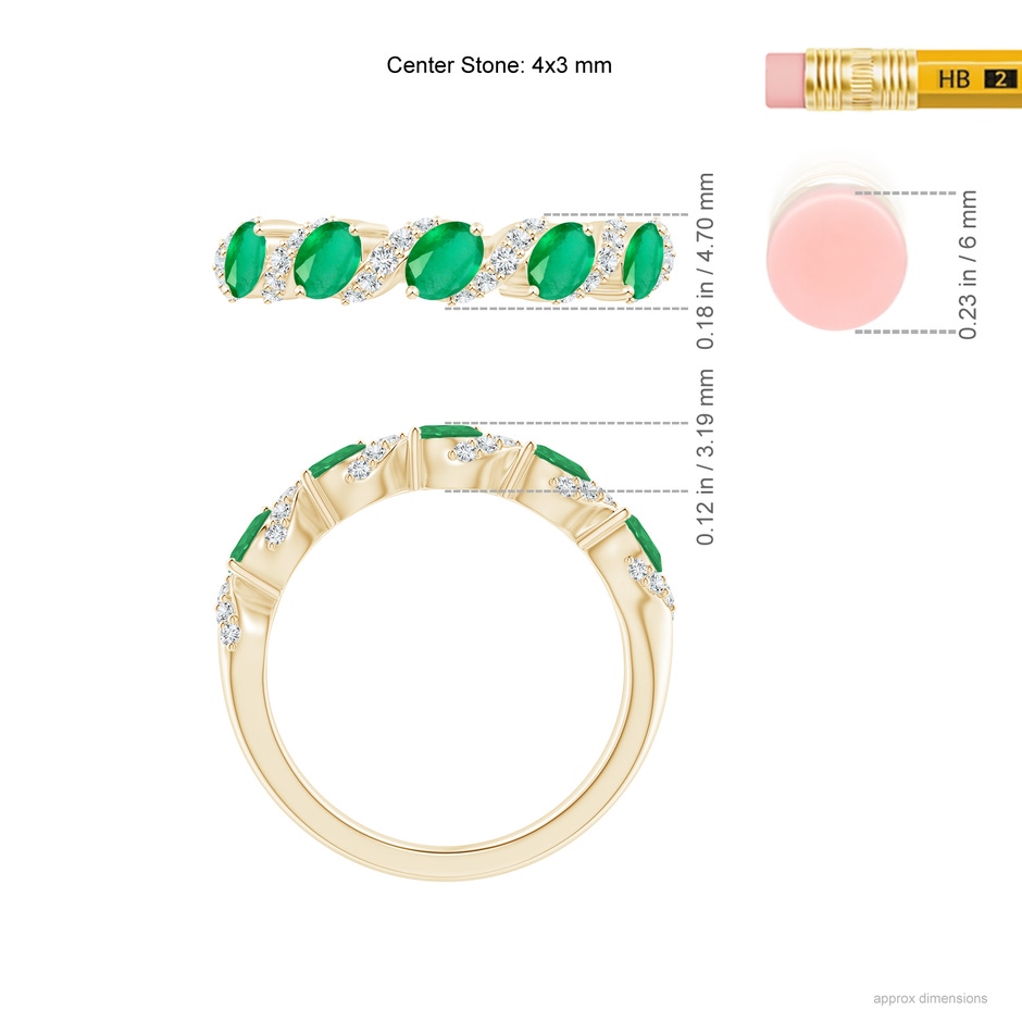 4x3mm A Five Stone Oval Emerald Swirl Ring with Diamonds in Yellow Gold ruler