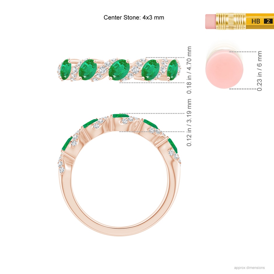 4x3mm AA Five Stone Oval Emerald Swirl Ring with Diamonds in Rose Gold ruler