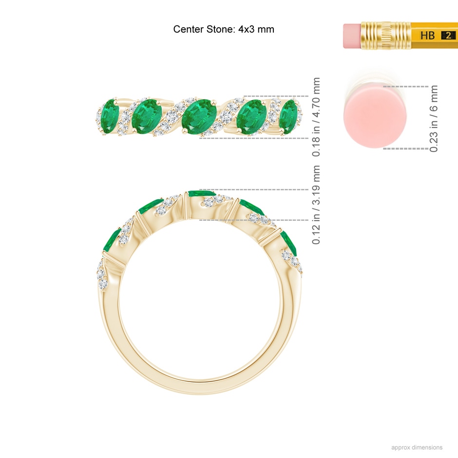 4x3mm AA Five Stone Oval Emerald Swirl Ring with Diamonds in Yellow Gold ruler