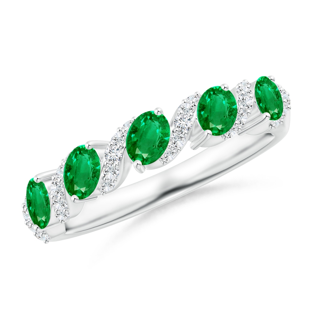 4x3mm AAA Five Stone Oval Emerald Swirl Ring with Diamonds in White Gold 