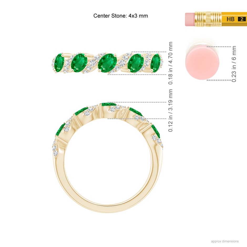 4x3mm AAA Five Stone Oval Emerald Swirl Ring with Diamonds in Yellow Gold ruler