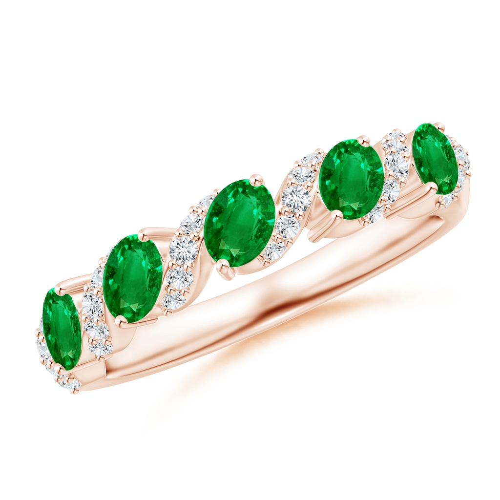 4x3mm AAAA Five Stone Oval Emerald Swirl Ring with Diamonds in Rose Gold